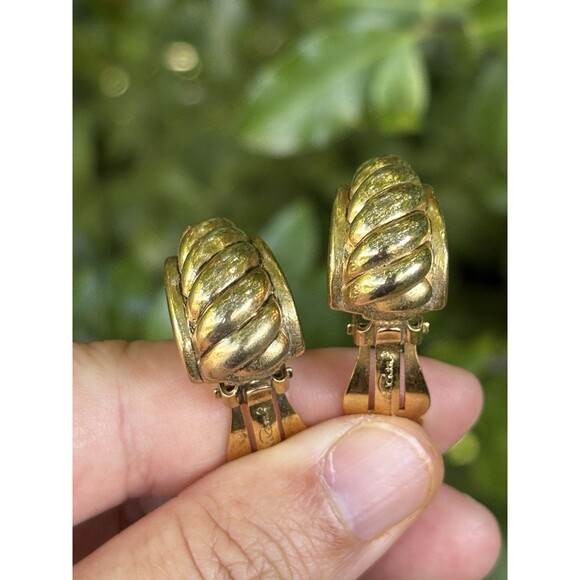 Vintage Oscar de la Renta Gold Rope Twist Clip On Earrings Signed Classic 1980s - Picture 5 of 8